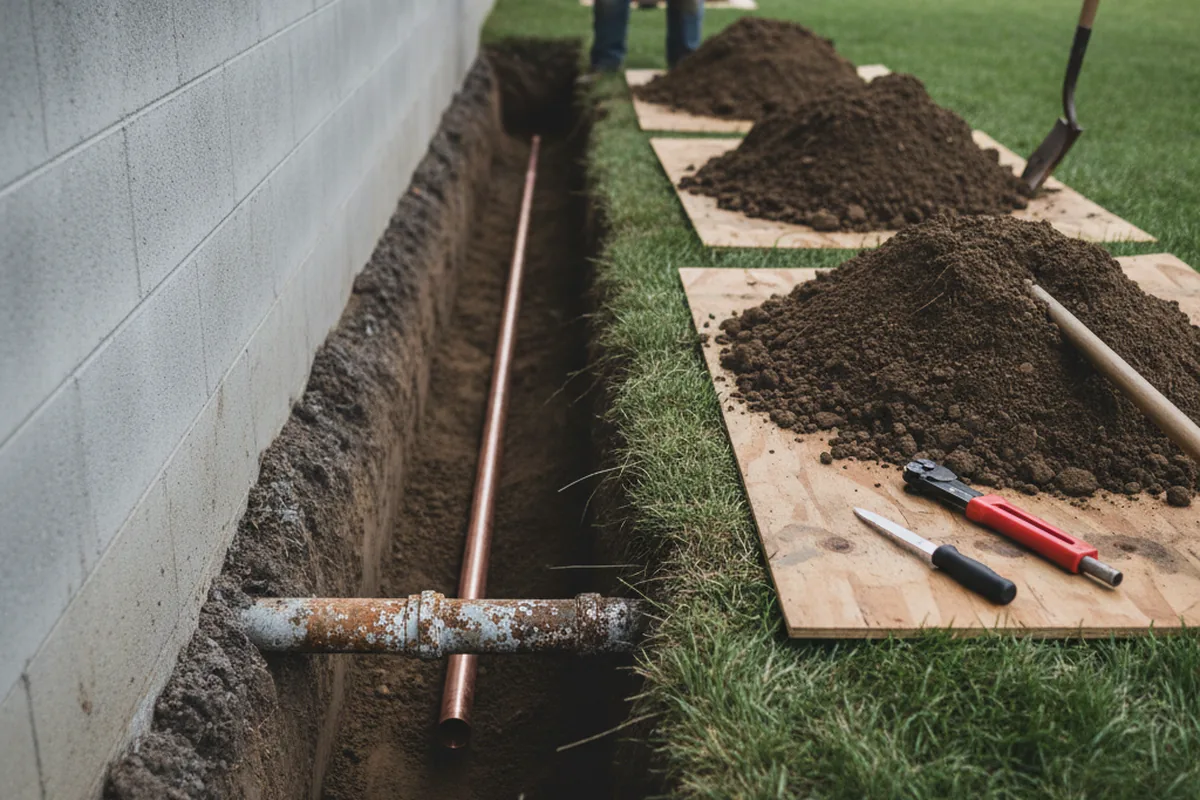 Excavated water line trench during Sewer Line Repair in Westfall